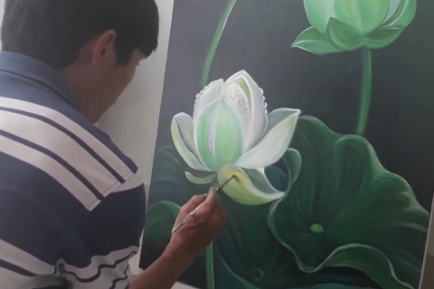                    Tranh Vẽ Hoa Sen Trên Canvas Trang Trí Phòng Khách