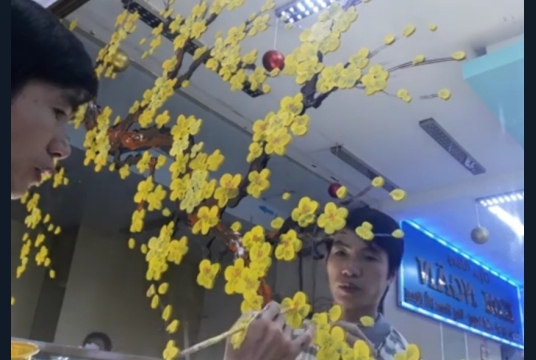 Tranh Vẽ Hoa Mai Trên Kính Tiệm Vàng Kim Ngân