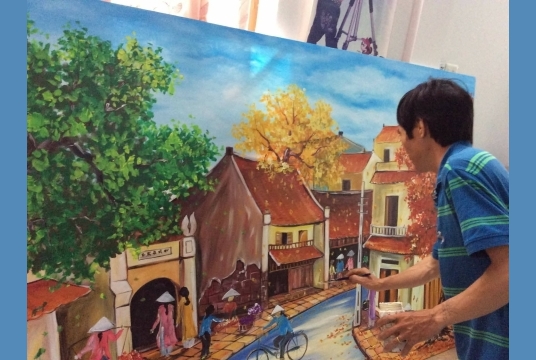 Tranh Vẽ Phố Cổ Hà Nội Trong Nắng Sớm