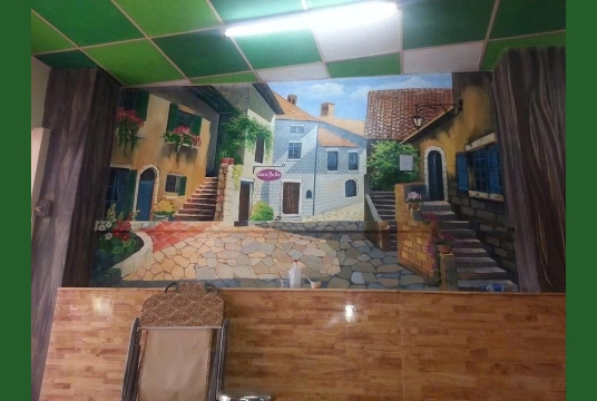 Vẽ Tranh Tường 3D Phố Tây Trầm Mặc Trang Trí Nhà Hàng Chay