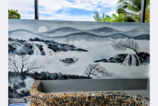 Vẽ tranh Thủy Mặc Đen Trắng Trang Trí Hồ Cá